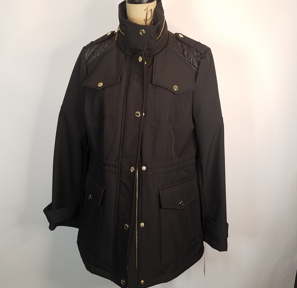 Michael Kors Womens Black Gold Quilt Button Zipper